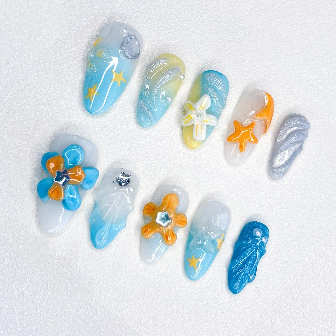 Starfish Waves Almond Press On Nails, Custom Design Nails Art, Flower Nails, 3D Nails, Fake Nails, Gift For Her, Birthday Gifts, Handmade