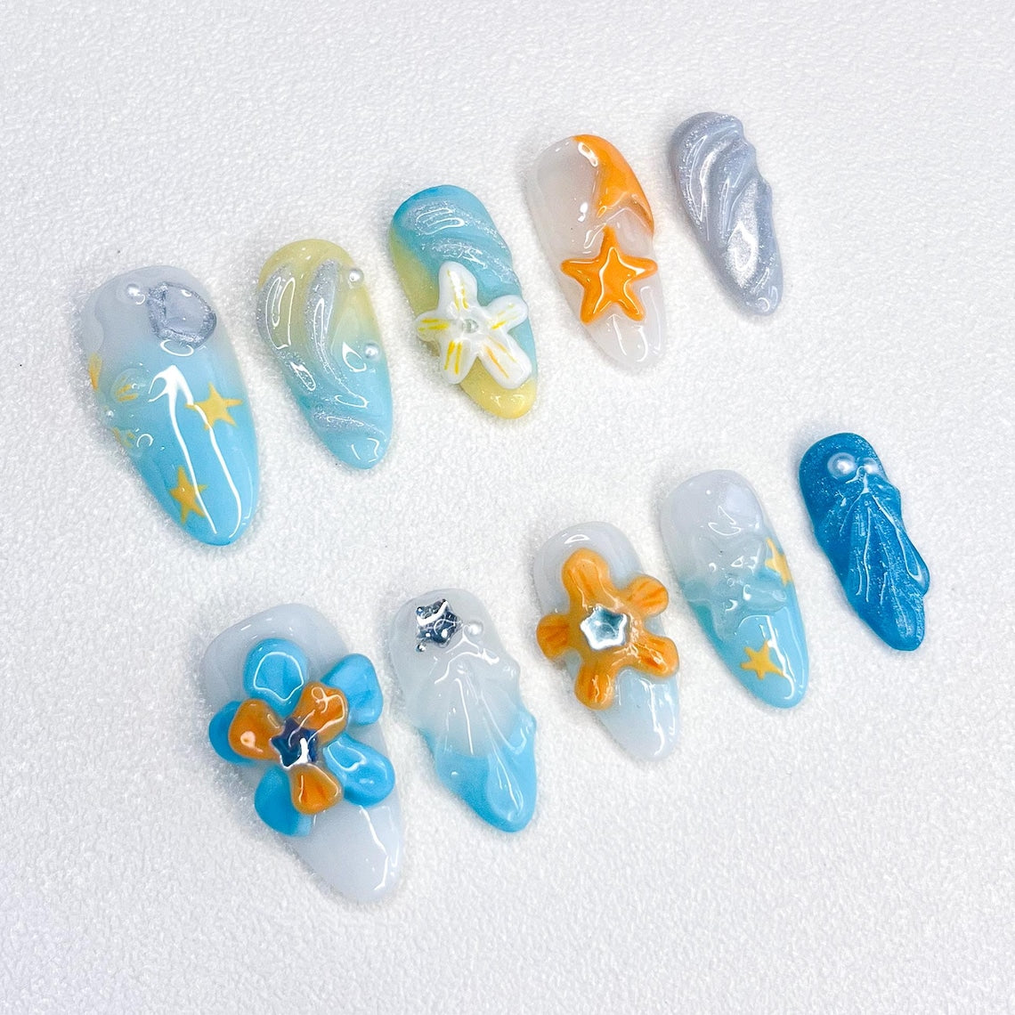 Starfish Waves Almond Press On Nails, Custom Design Nails Art, Flower Nails, 3D Nails, Fake Nails, Gift For Her, Birthday Gifts, Handmade