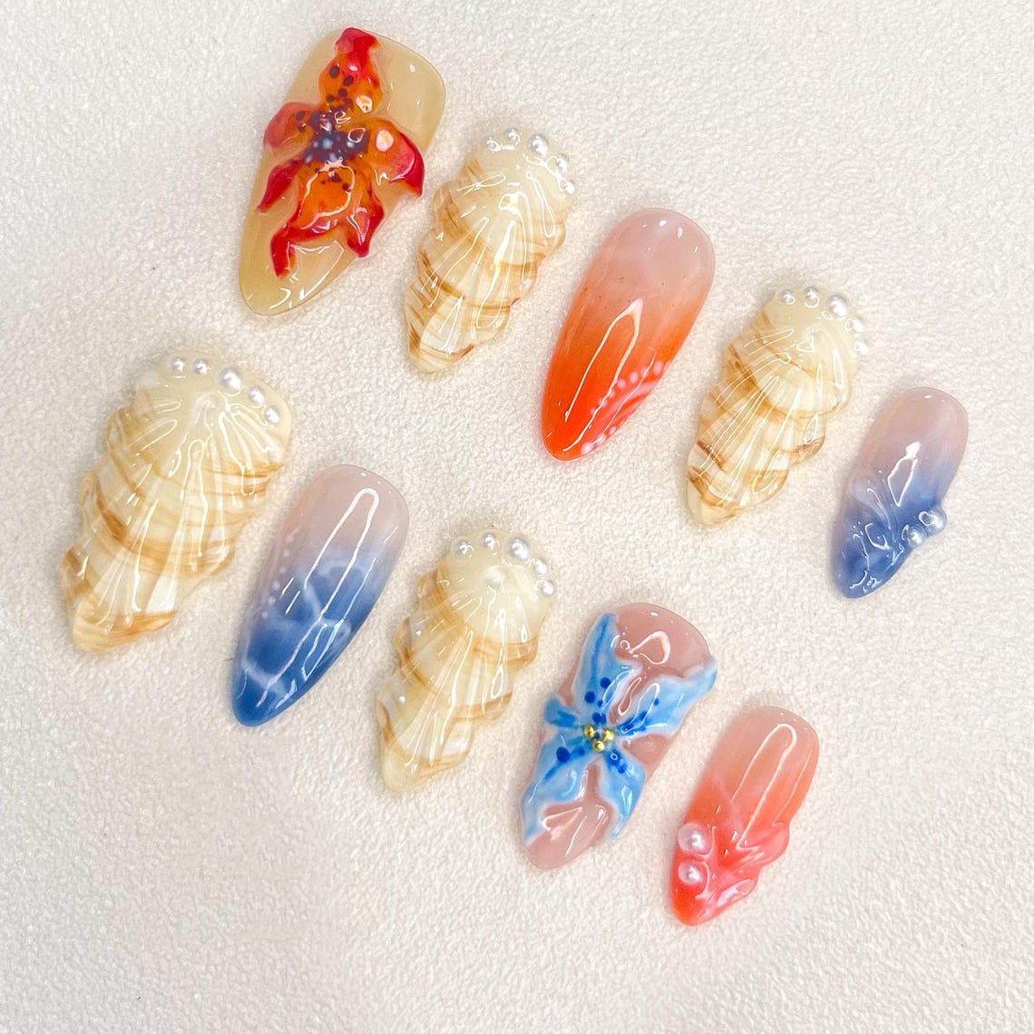 Sunlit Coastline Press On Nails, Custom Design Nails Art, 3D Nails, Fake Nails, Flower Nails, Shell Nails, Pearl Nails, Gift For Her