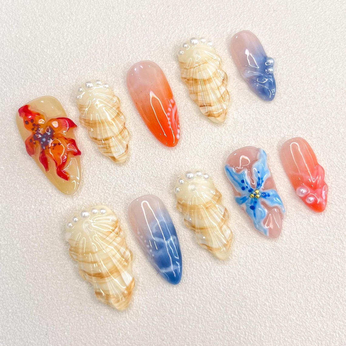 Sunlit Coastline Press On Nails, Custom Design Nails Art, 3D Nails, Fake Nails, Flower Nails, Shell Nails, Pearl Nails, Gift For Her