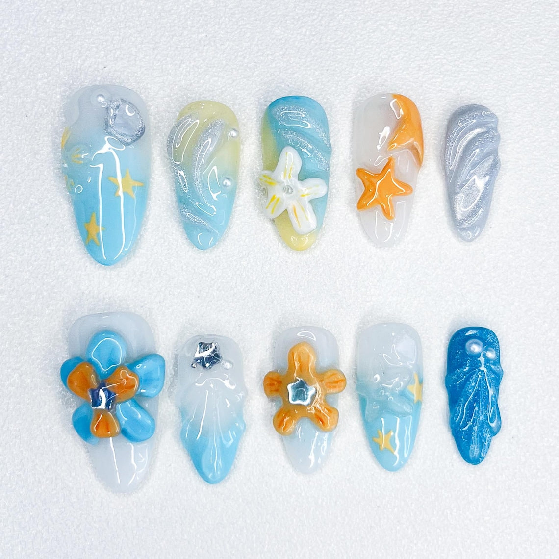 Starfish Waves Almond Press On Nails, Custom Design Nails Art, Flower Nails, 3D Nails, Fake Nails, Gift For Her, Birthday Gifts, Handmade