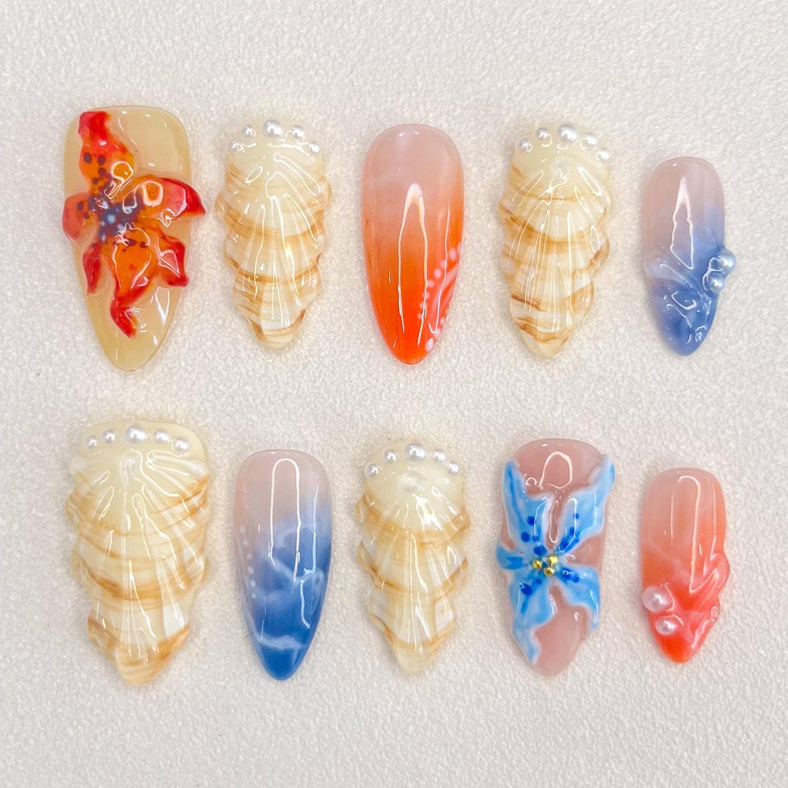 Sunlit Coastline Press On Nails, Custom Design Nails Art, 3D Nails, Fake Nails, Flower Nails, Shell Nails, Pearl Nails, Gift For Her